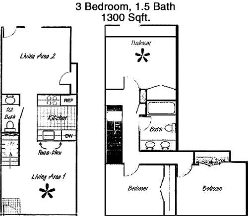 #1  Floor Plan 3x1.5 den TH - Huntington Townhomes, Richardson, TX for Rent