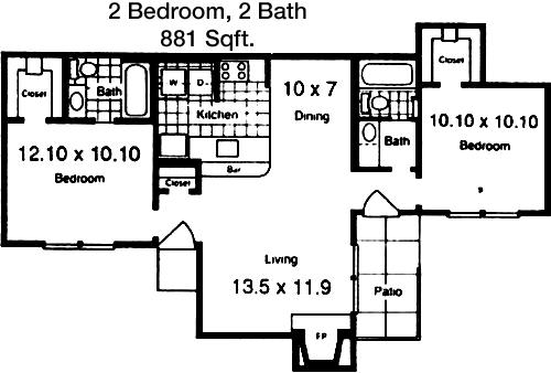 #2  Floor Plan 2x2 - Cedar Point, Arlington, TX for Rent